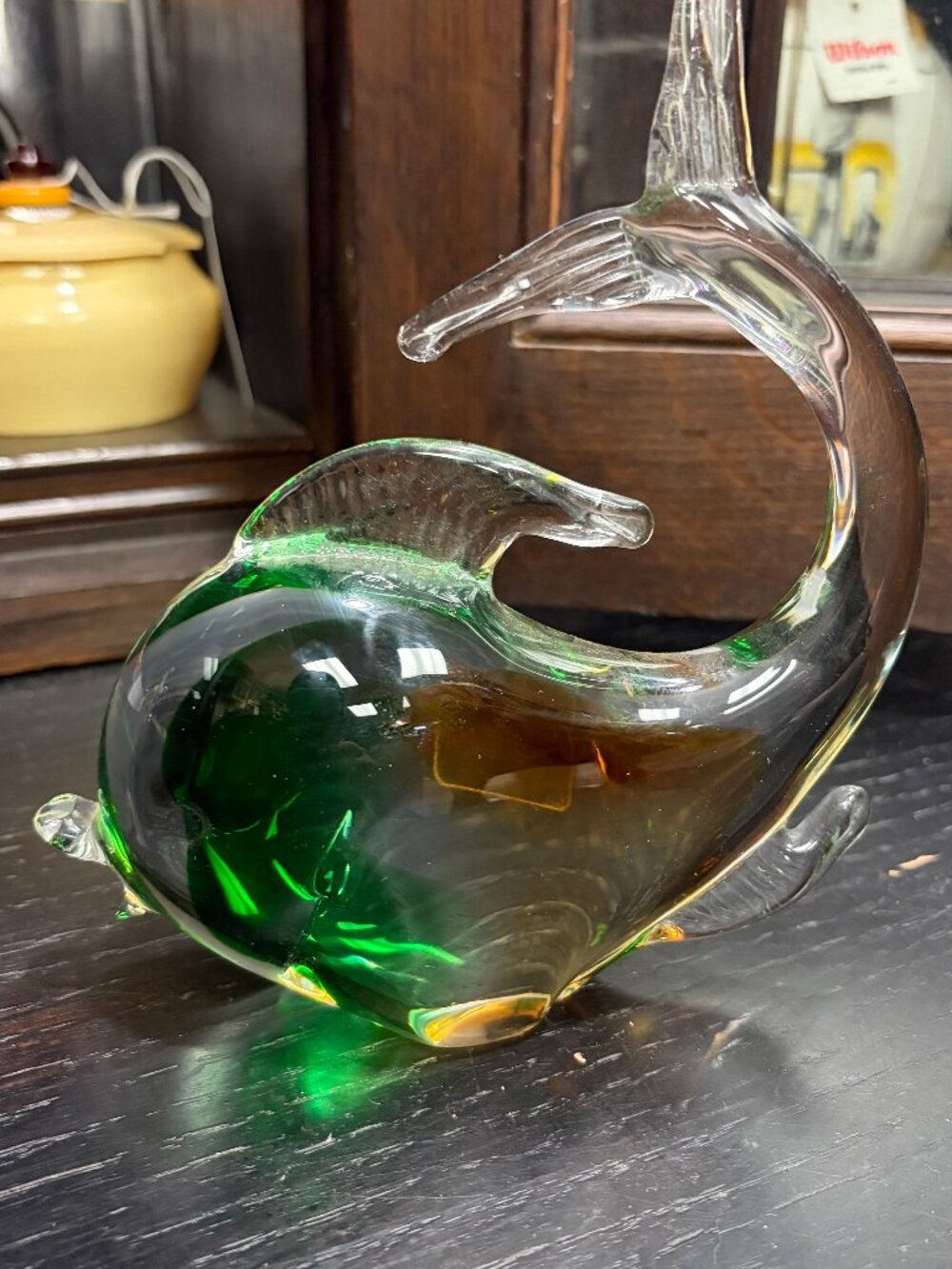 Vintage Murano Hand-Blown Art Glass Fish Sculpture Green & Amber Made in Italy